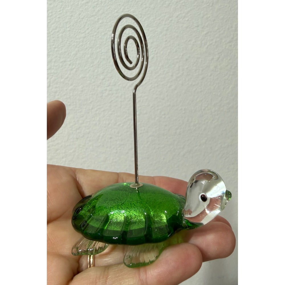 Green Hand Blown Glass Turtle Photo Card Holder Figurine 4.5 inch